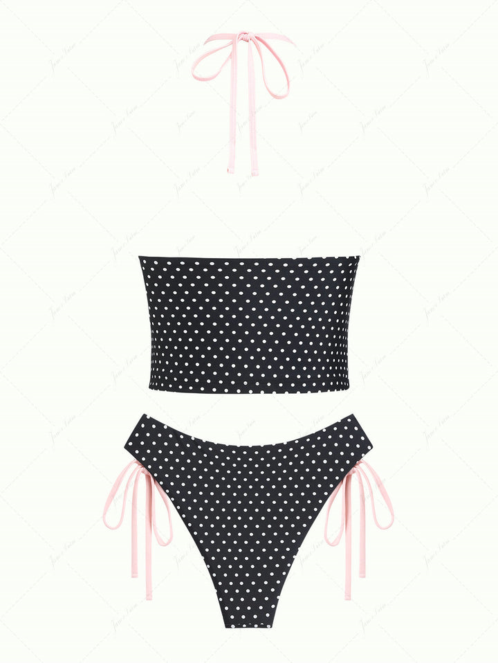 Black Polka Dot Print Bowknot Halter Cinched Tie Side Tankini Set