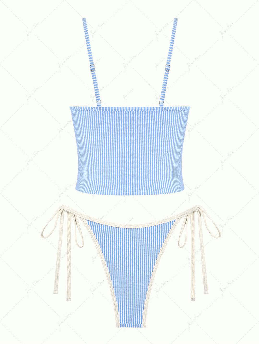 Light Blue Striped Spliced Ruched Ruffles Tie Side Tankini Set