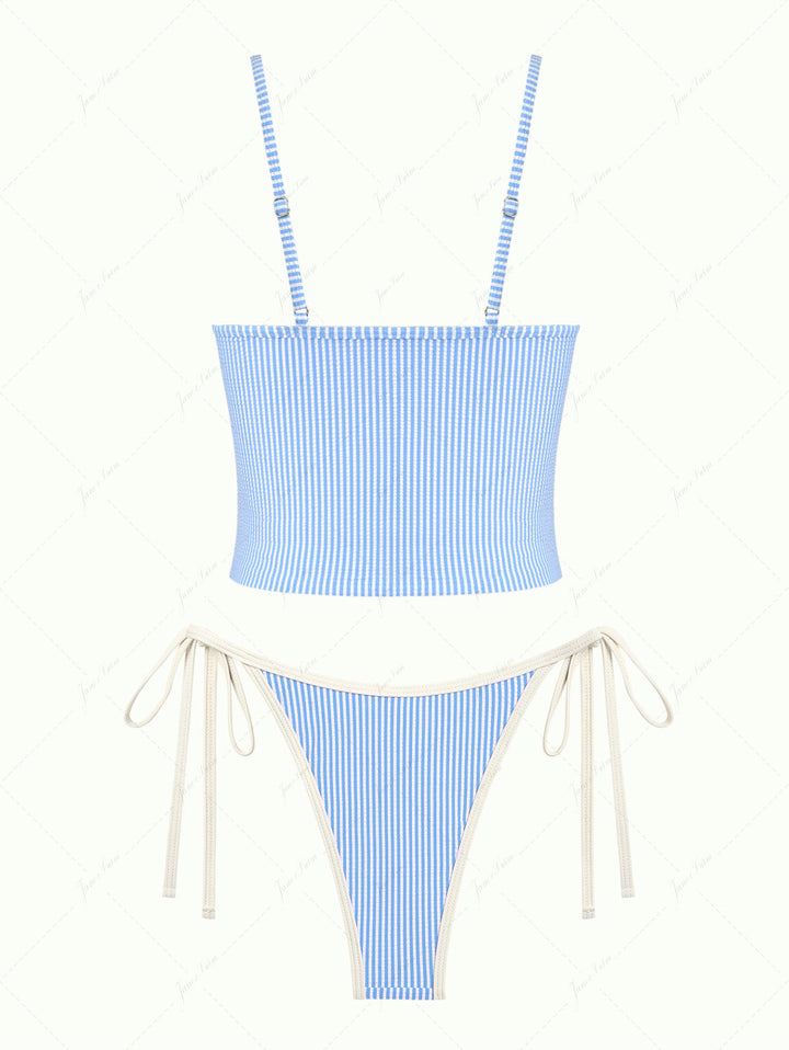 Light Blue Striped Spliced Ruched Ruffles Tie Side Tankini Set