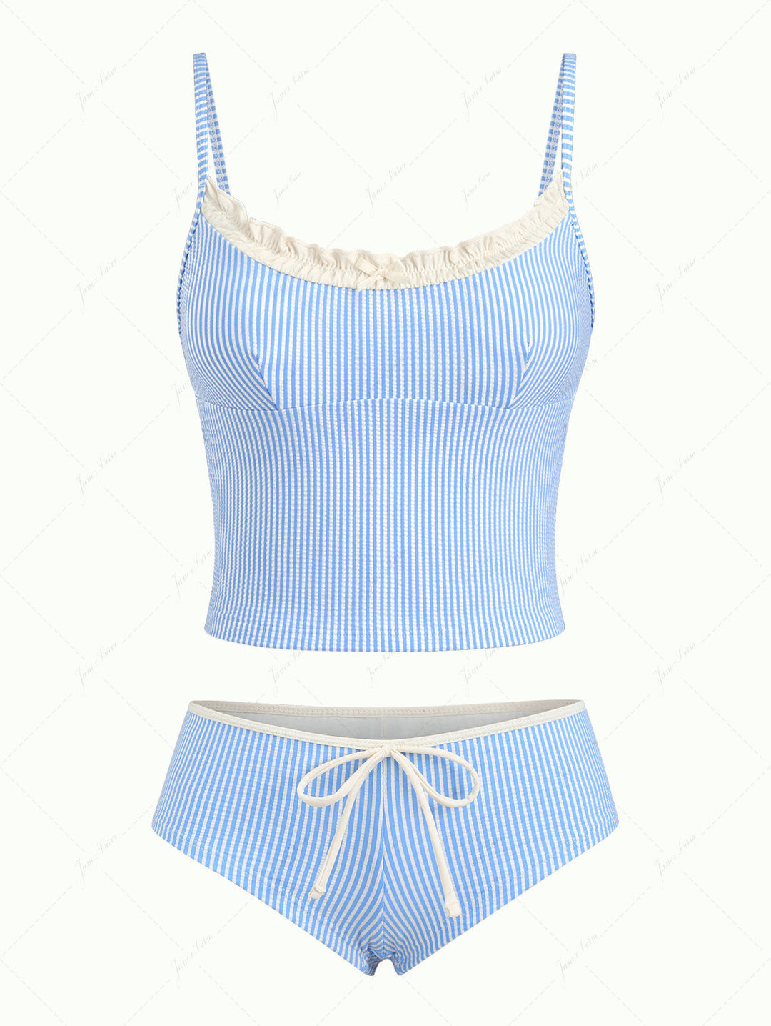 Light Blue Striped Spliced Ruched Ruffles Top & Cheeky Boyshorts Tankini Set