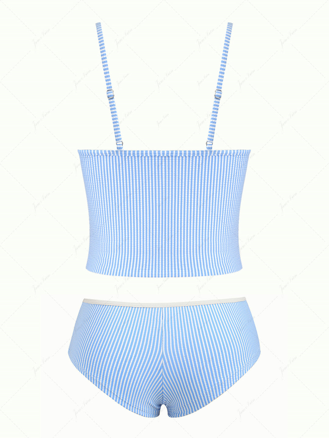 Light Blue Striped Spliced Ruched Ruffles Top & Cheeky Boyshorts Tankini Set