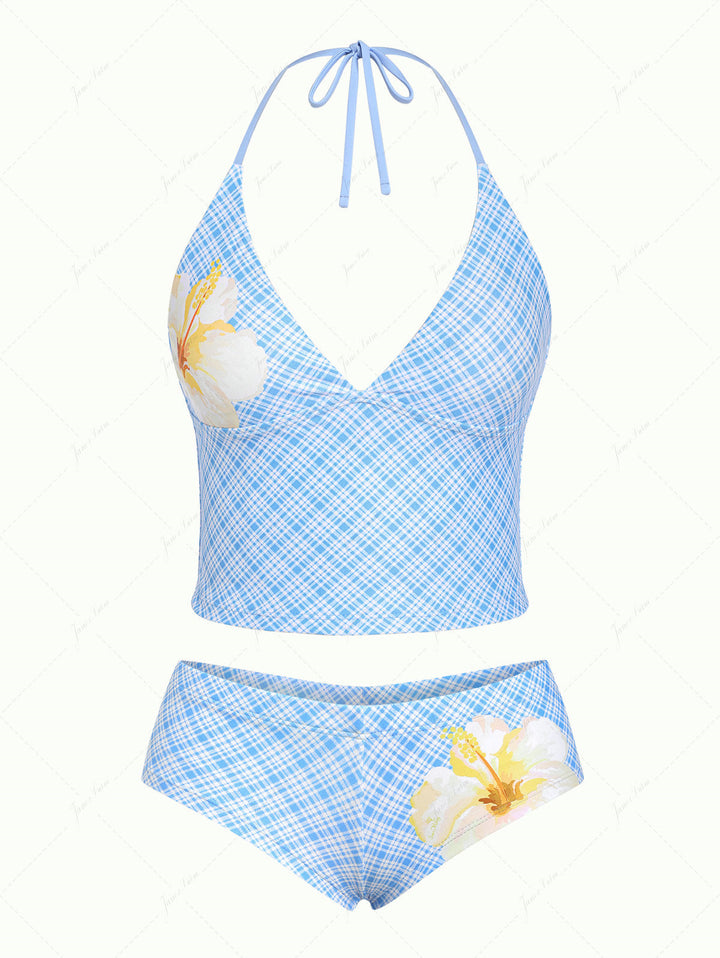Janex Light Blue Plaid Floral Hibiscus Halter Tank Top & Cheeky Boyshorts Tankini Set