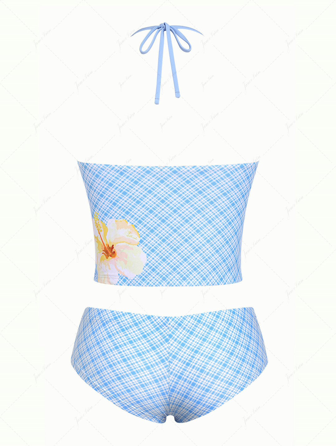 Janex Light Blue Plaid Floral Hibiscus Halter Tank Top & Cheeky Boyshorts Tankini Set