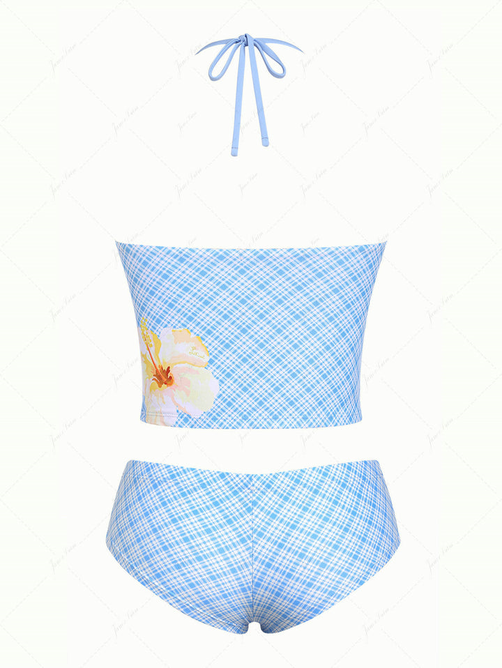 Janex Light Blue Plaid Floral Hibiscus Halter Tank Top & Cheeky Boyshorts Tankini Set