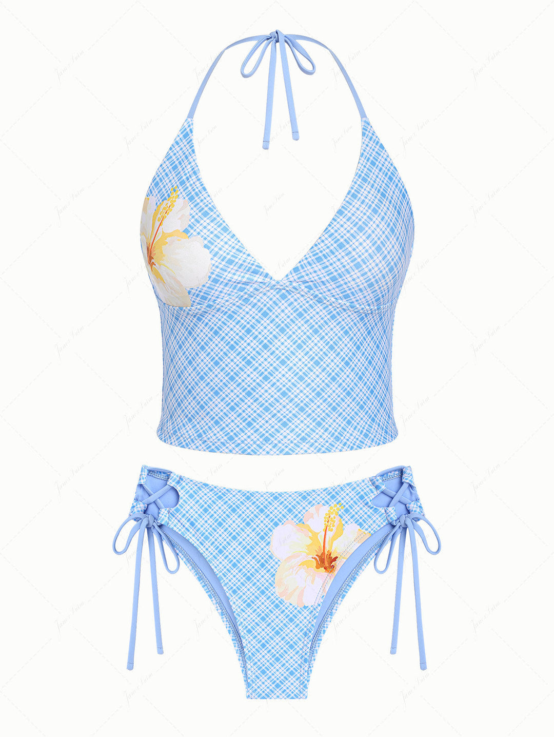Light Blue Plaid Floral Hibiscus Halter Tied Tankini Set