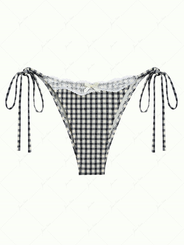 Black Plaid Lace Bowknot Tie Side Bikini Bottom