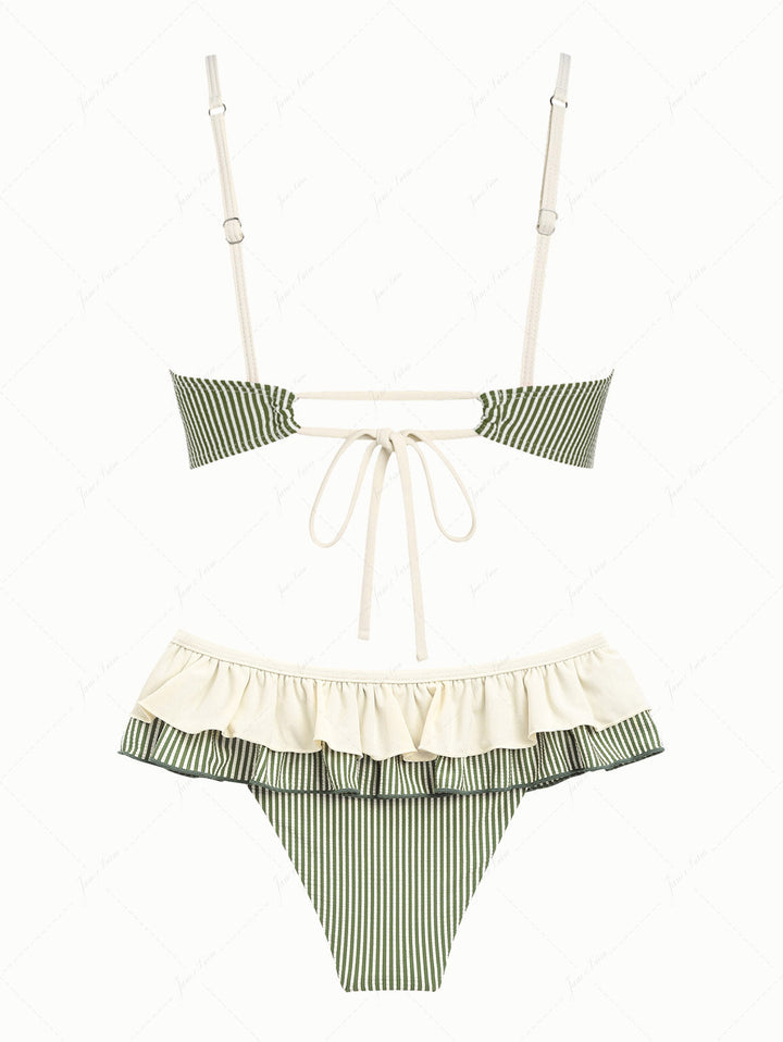 Green Striped Spliced Ruched Ruffles Bowknot Skirtini Bikini Set