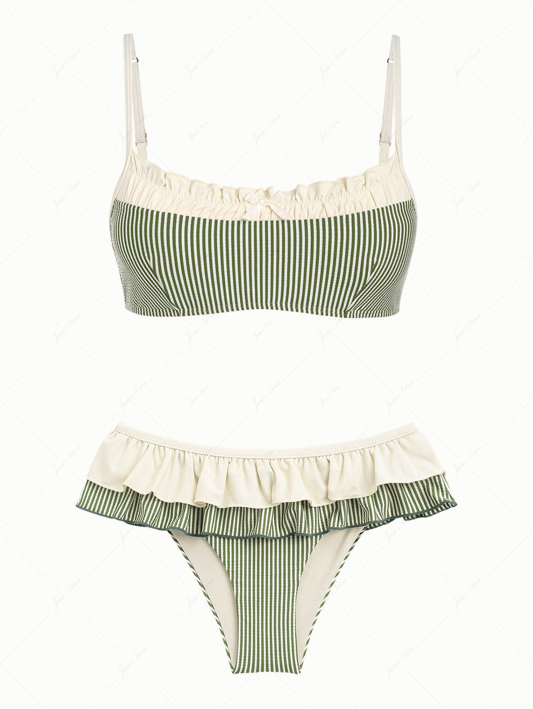 Green Striped Spliced Ruched Ruffles Bowknot Skirtini Bikini Set