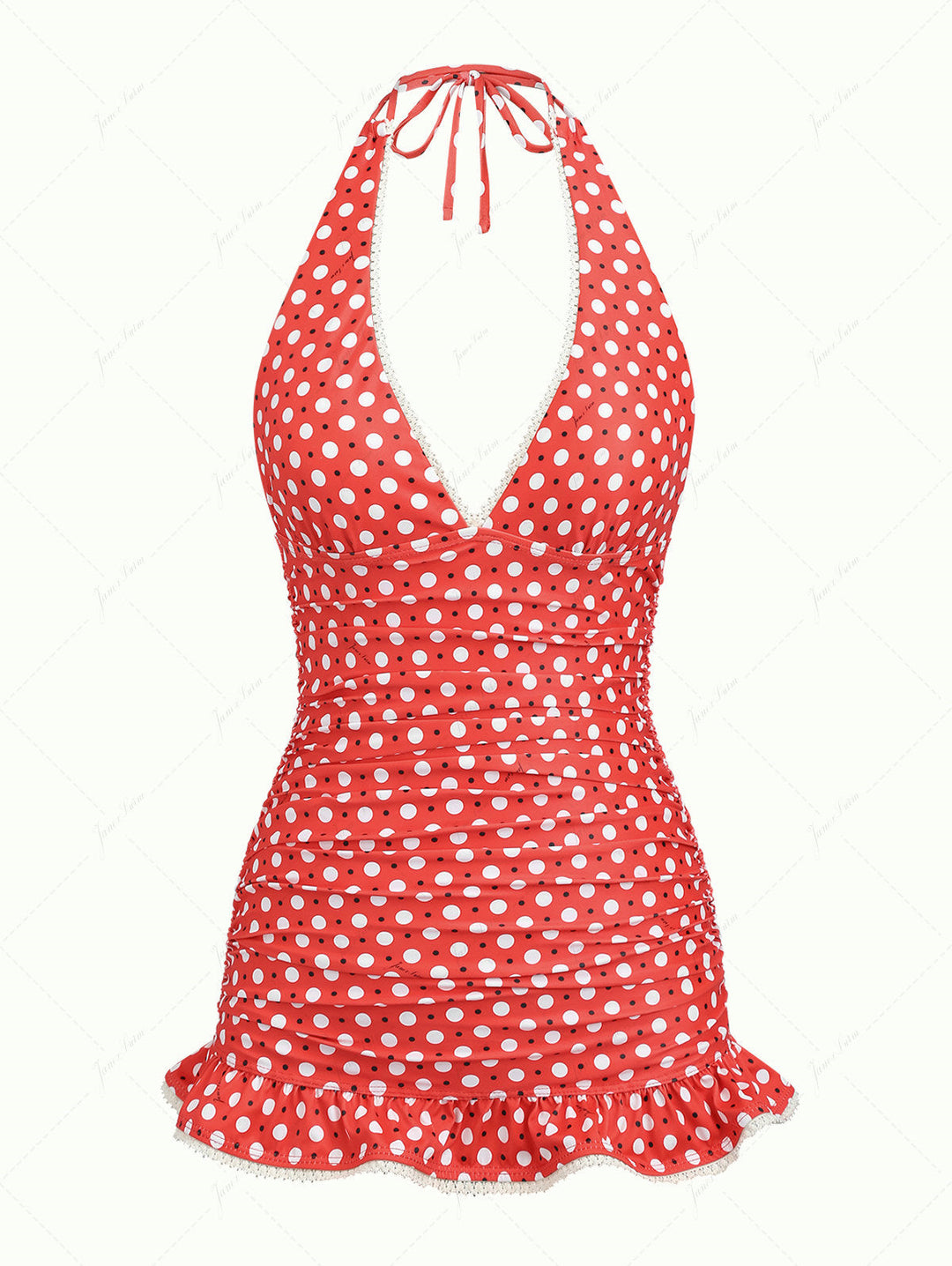 Vintage Red Polka Dot Ruched Lace Halter Tied Mini Swim Dress Red / M Swimsuits Swimwear Bathing Suits Vintage Red Polka Dot Ruched Lace Halter Tied Mini Swim Dress Red / M Swimsuits Swimwear Bathing Suits