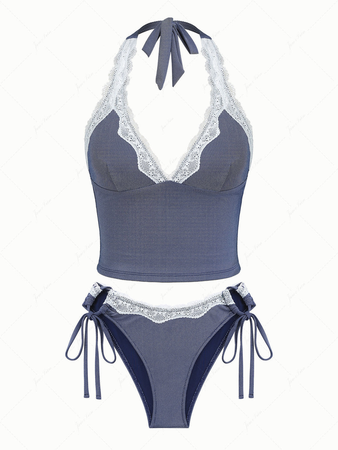 Deep Blue Denim Lace Plunging Neck Halter Tied Tankini Set