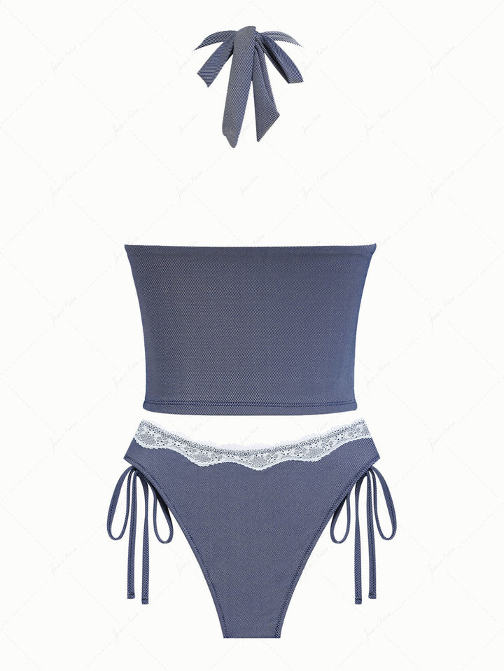 Deep Blue Denim Lace Plunging Neck Halter Tied Tankini Set