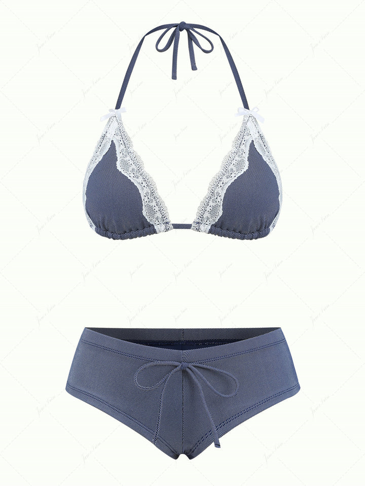 Janex Deep Blue Denim Lace Bowknot Halter Triangle Bikini Top & Low Rise Cheeky Boyshort Set