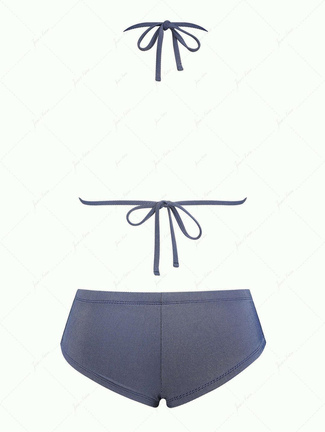 Janex Deep Blue Denim Lace Bowknot Halter Triangle Bikini Top & Low Rise Cheeky Boyshort Set