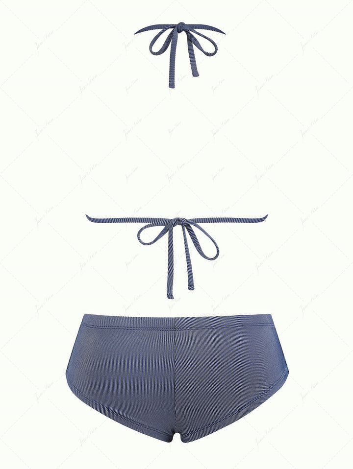 Janex Deep Blue Denim Lace Bowknot Halter Triangle Bikini Top & Low Rise Cheeky Boyshort Set