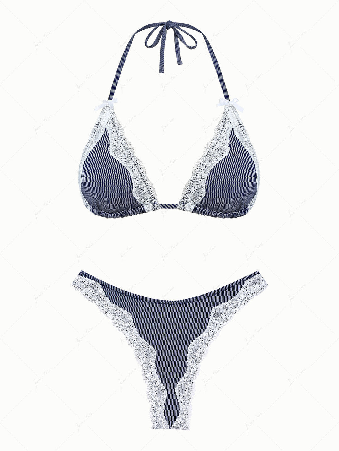 Deep Blue Denim Lace Bowknot Halter Triangle Thong Bikini Set