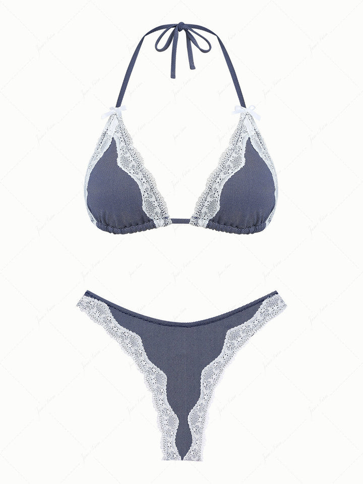 Deep Blue Denim Lace Bowknot Halter Triangle Thong Bikini Set