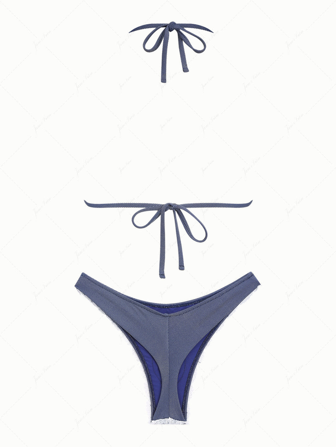 Deep Blue Denim Lace Bowknot Halter Triangle Thong Bikini Set