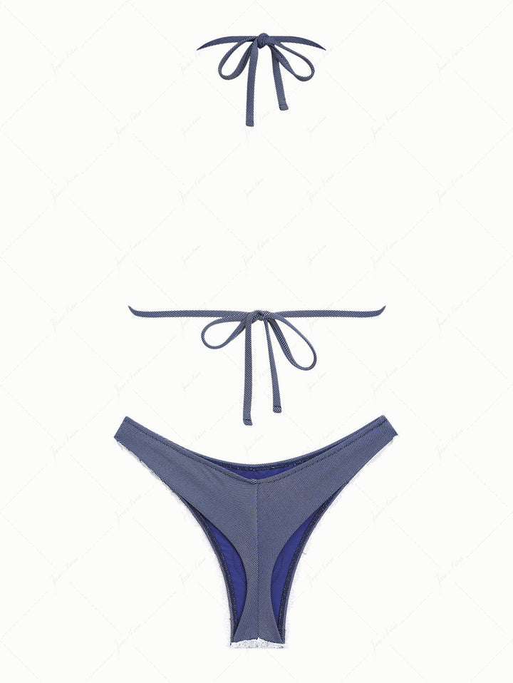 Deep Blue Denim Lace Bowknot Halter Triangle Thong Bikini Set