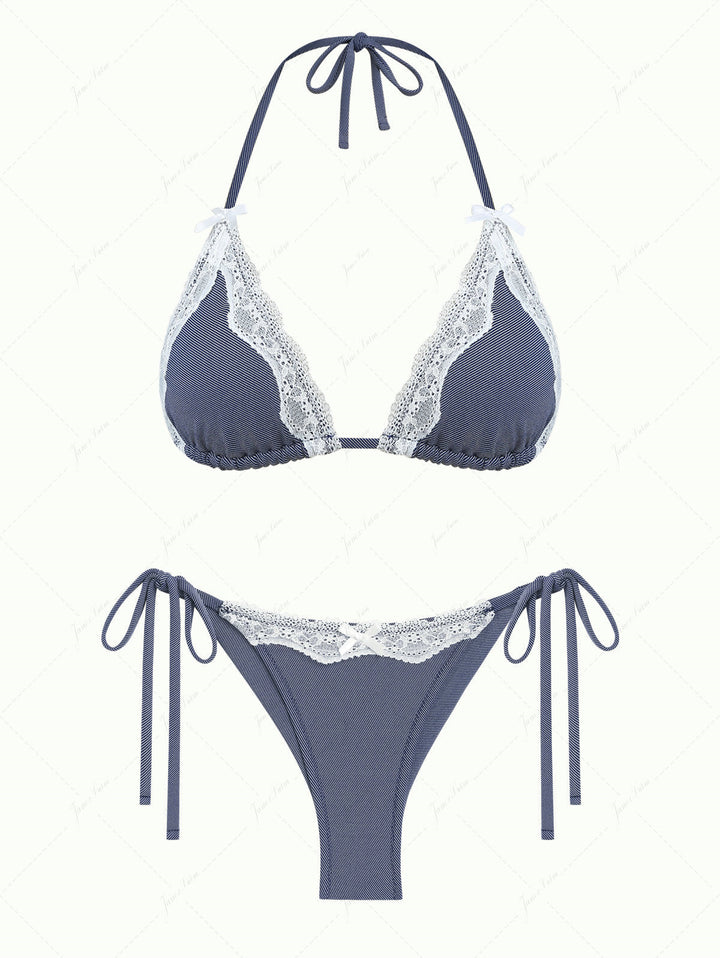 Deep Blue Denim Lace Bowknot Triangle Top & Cheeky Brazilian Bottom Bikini Set