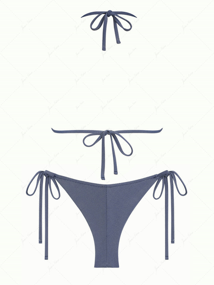 Deep Blue Denim Lace Bowknot Triangle Top & Cheeky Brazilian Bottom Bikini Set