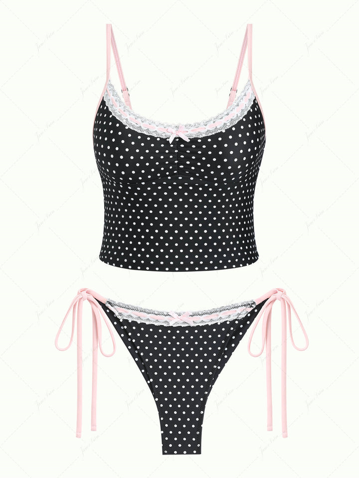 Vintage Black Polka Dot Lace Bowknot Tank Top & Cheeky Brazilian Bottom Tankini Set