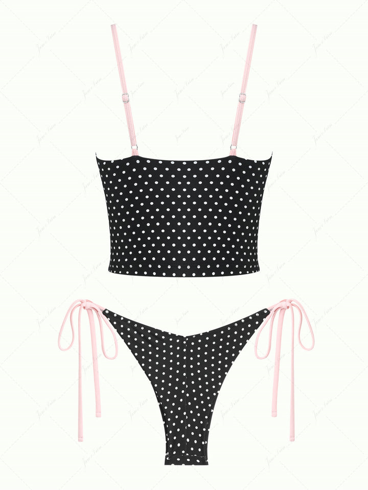 Vintage Black Polka Dot Lace Bowknot Tank Top & Cheeky Brazilian Bottom Tankini Set