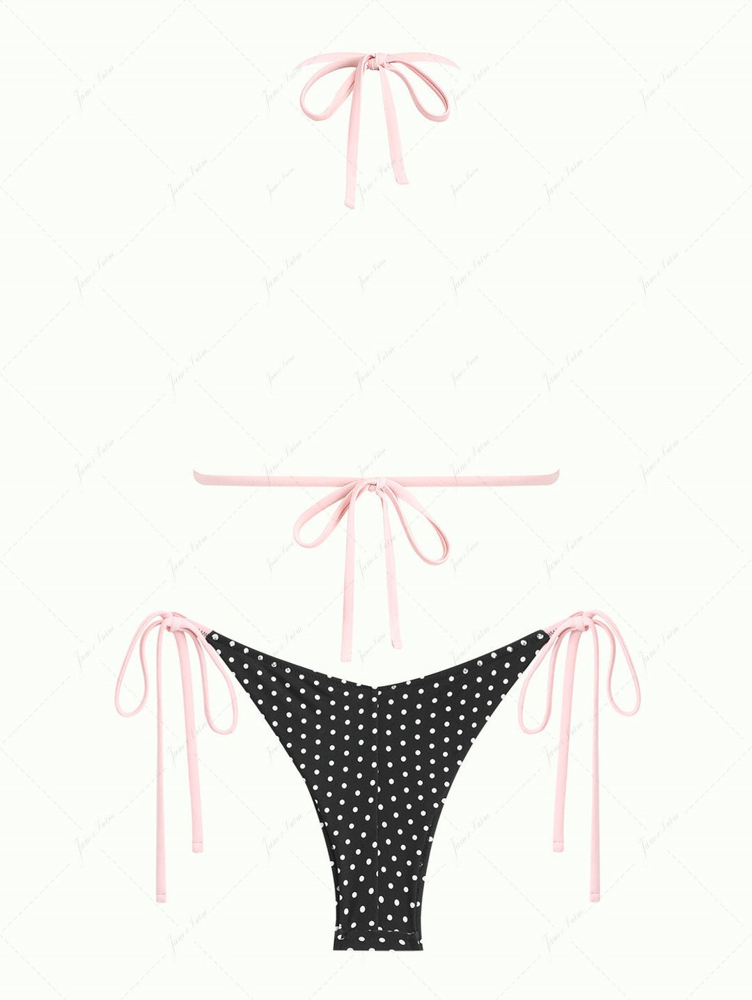Janex Vintage Black Polka Dot Lace Bowknot Triangle Top & Cheeky Brazilian Bottom Bikini Set