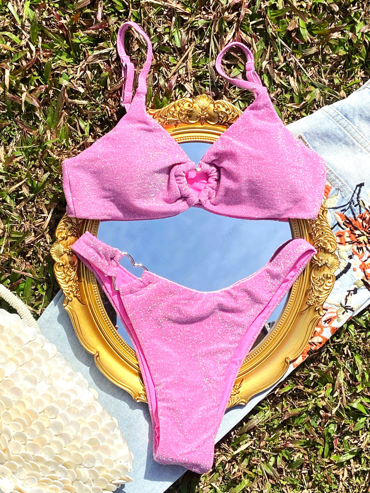 Seamolly Lurex Sparkly Heart-shaped Metal Decor Cheeky Bikini Set