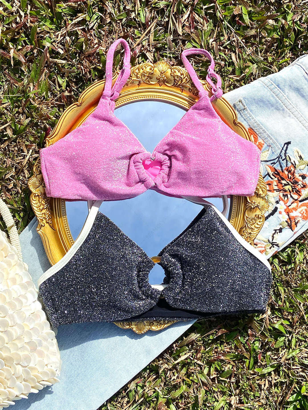 Seamolly Lurex Sparkly Heart-shaped Metal Decor Cheeky Bikini Set