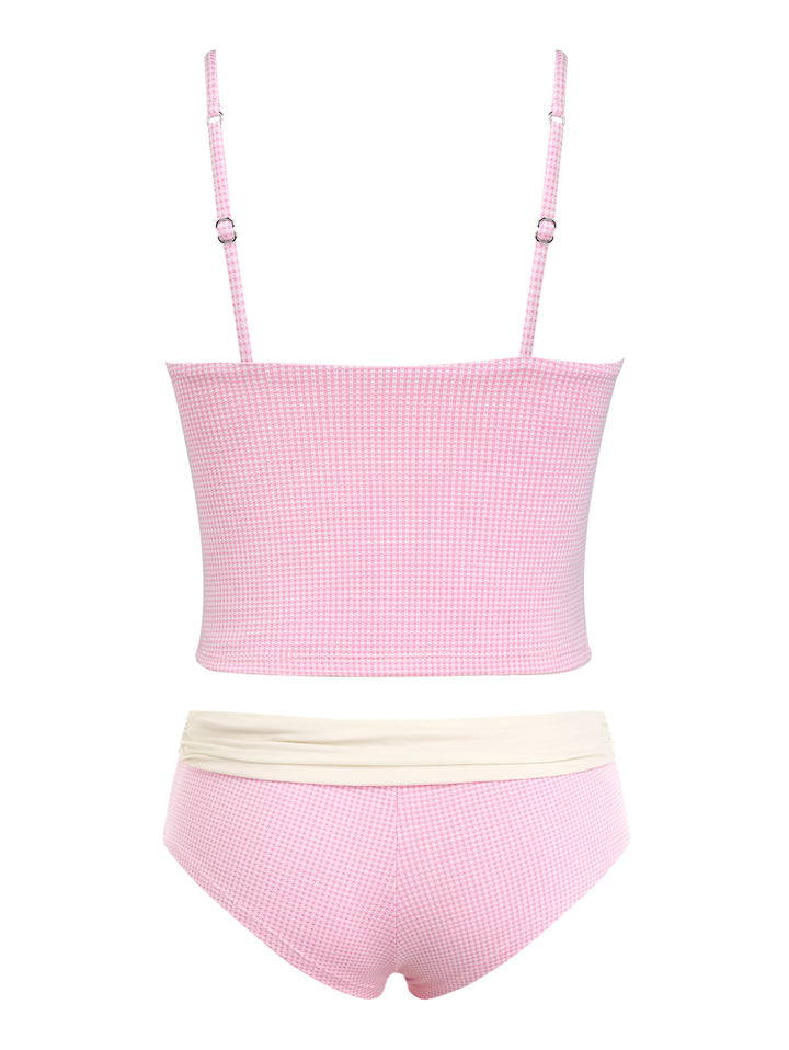 Seamolly Knitted Plaid Lace Bowknot Foldover Cheeky Boyshorts Tankini Set