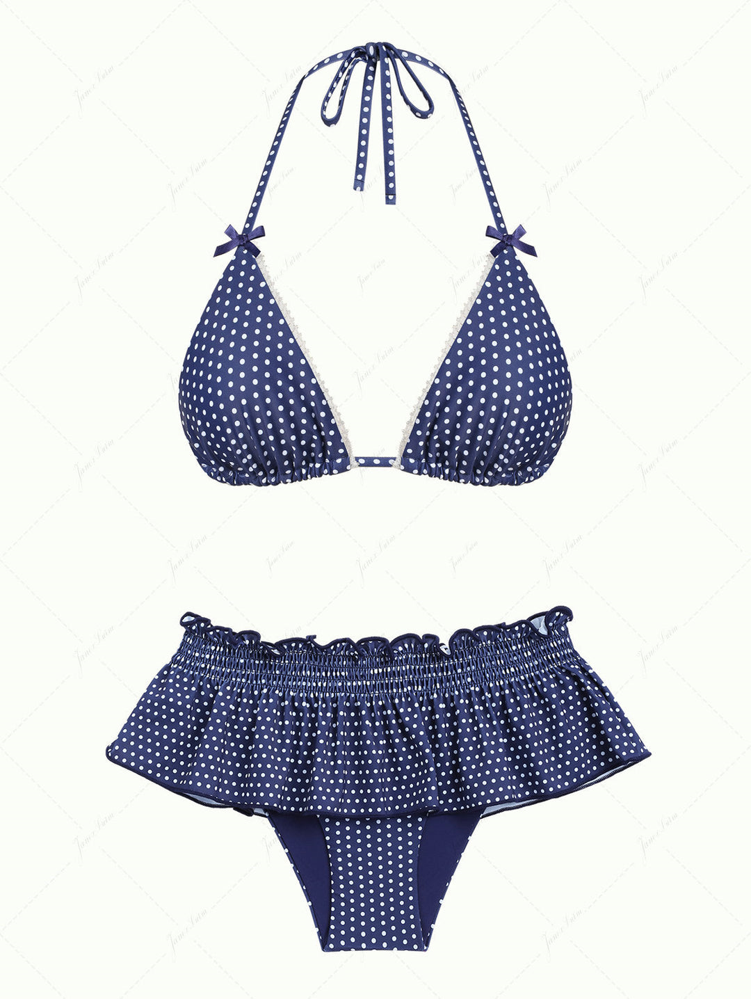 Janex Deep Blue Polka Dot Lace Bowknot Halter Triangle Skirtini Bikini Set