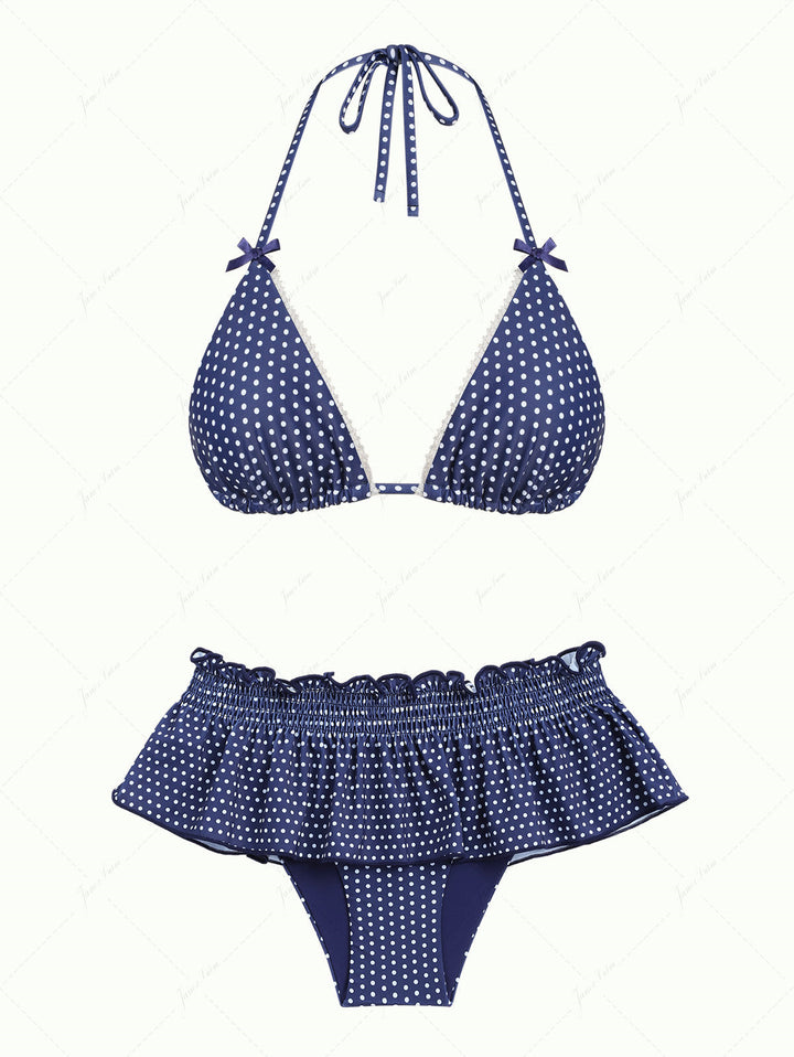 Janex Deep Blue Polka Dot Lace Bowknot Halter Triangle Skirtini Bikini Set