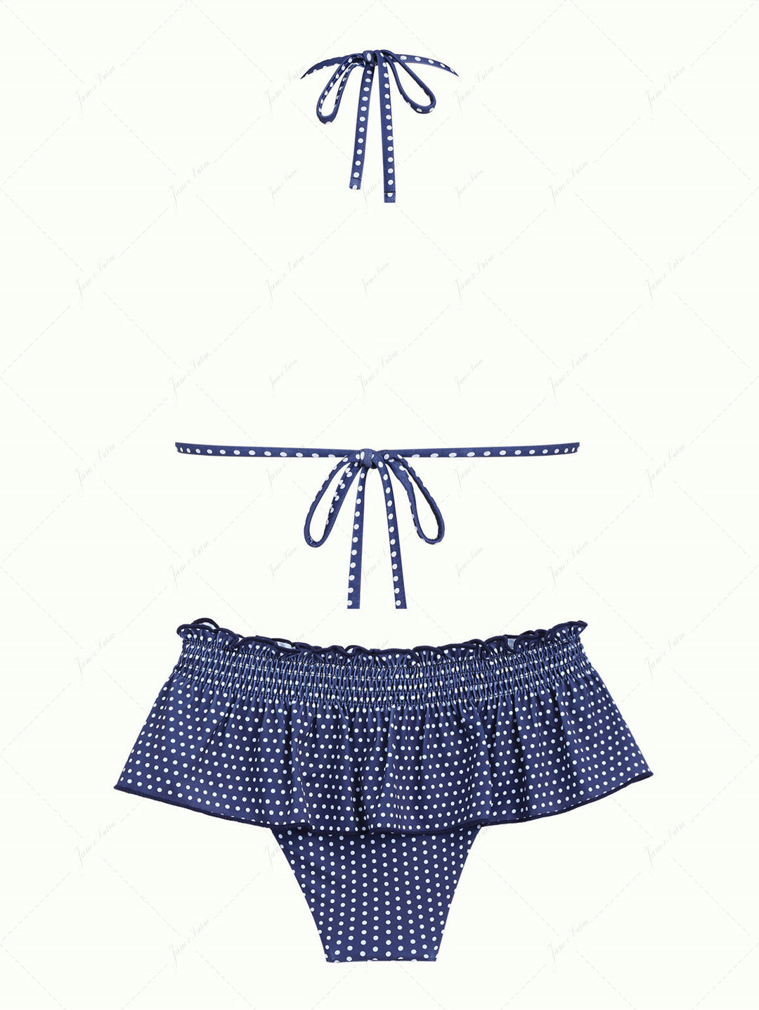 Janex Deep Blue Polka Dot Lace Bowknot Halter Triangle Skirtini Bikini Set