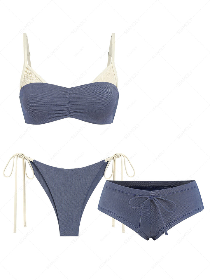 Seamolly 3 Piece Denim Lace Spliced Ruched Brazilian Cheeky Boyshort Bikini Set