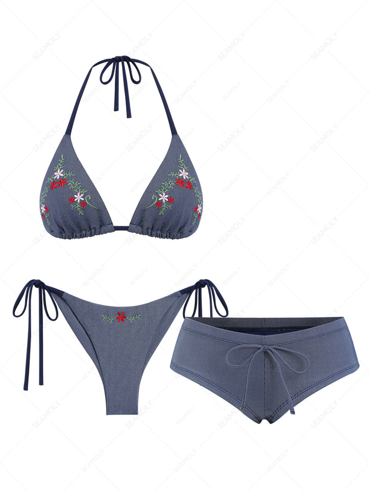 Seamolly 3 Piece Denim Embroidery Triangle Brazilian Cheeky Boyshort Bikini Set