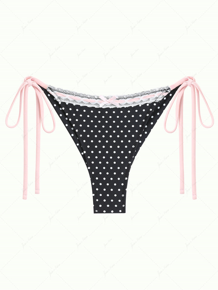 Vintage Black Polka Dot Lace Bowknot Brazilian Bikini Bottom