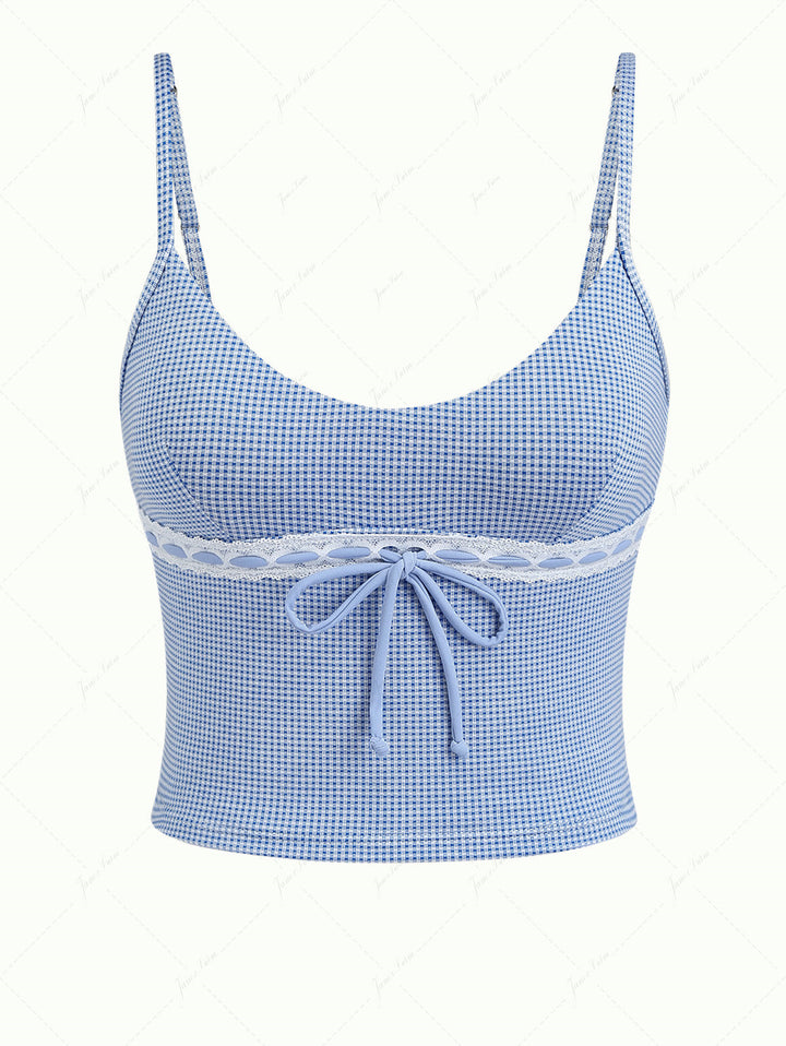 Blue Knitted Plaid Contrast Lace Trim Bowknot Cami Tankini Top
