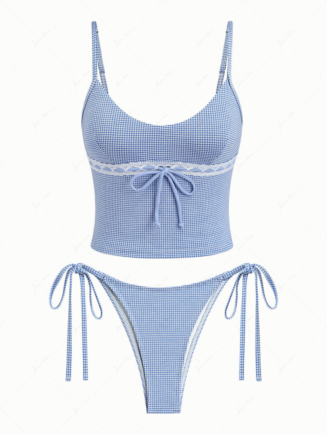Blue Knitted Plaid Contrast Lace Trim Bowknot Cami Tankini Set