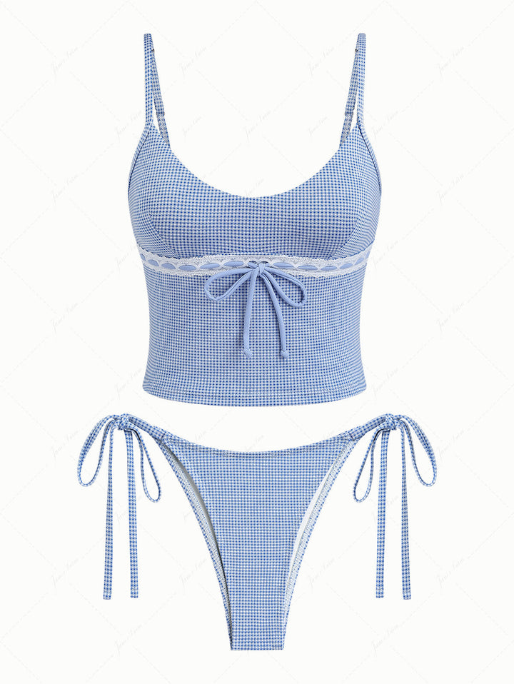 Blue Knitted Plaid Contrast Lace Trim Bowknot Cami Tankini Set