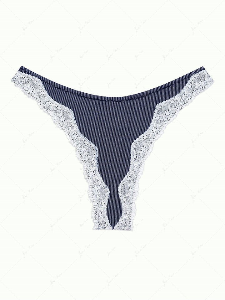 Deep Blue Denim Fabric Contrast Lace Thong Bikini Bottom