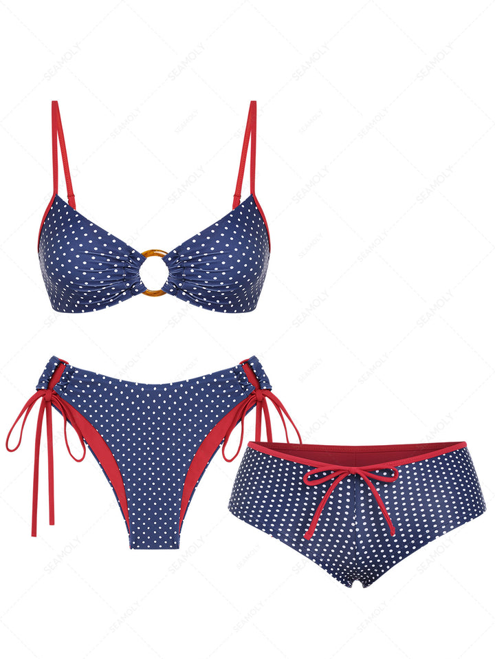 Seamolly 3 Piece Polka Dot Print O Ring Cheeky Boyshort Bikini Set for 4th of July