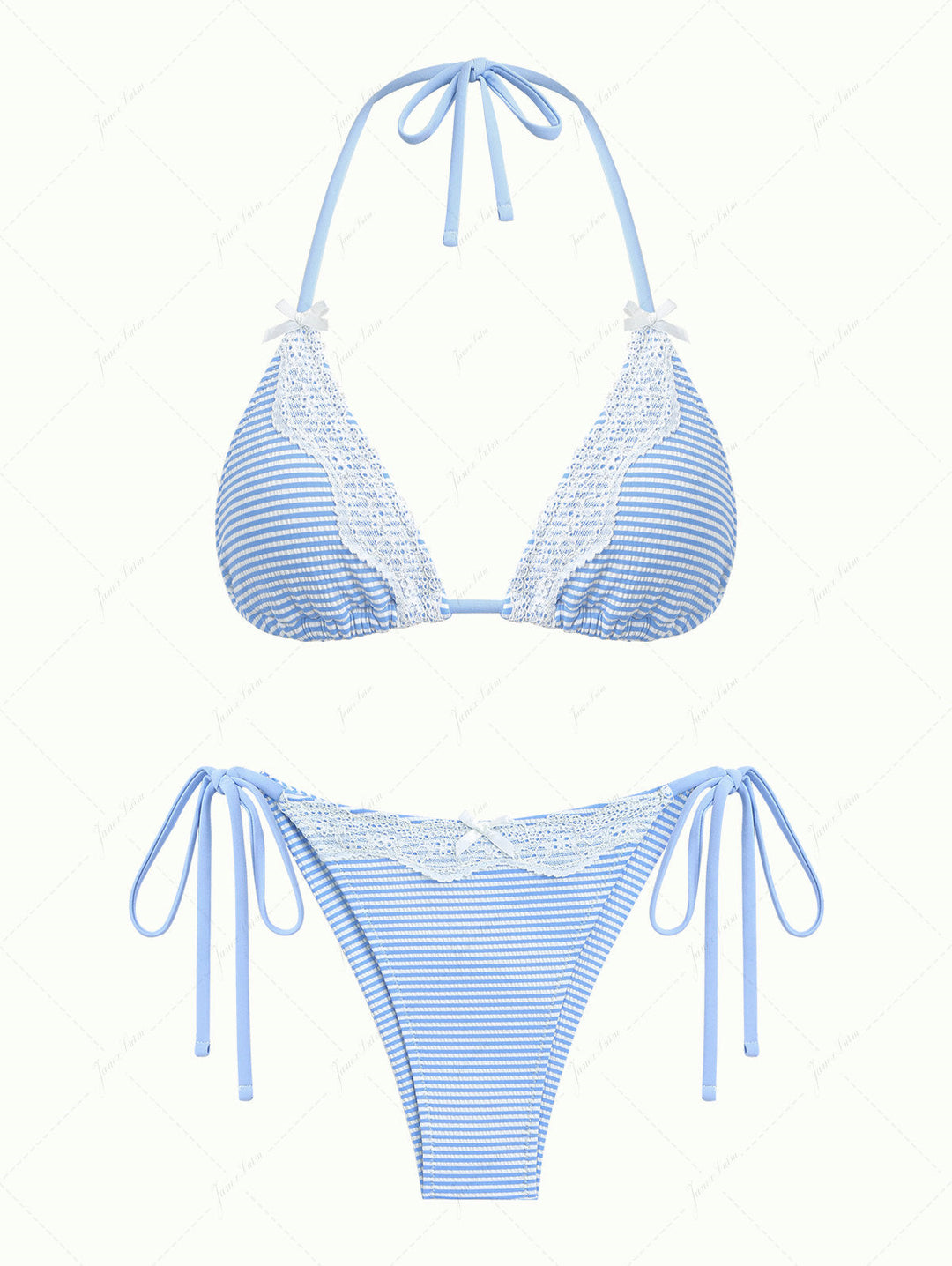 Light Blue Striped Lace Bowknot Halter Triangle Top & Cheeky Brazilian Bottom Bikini Set