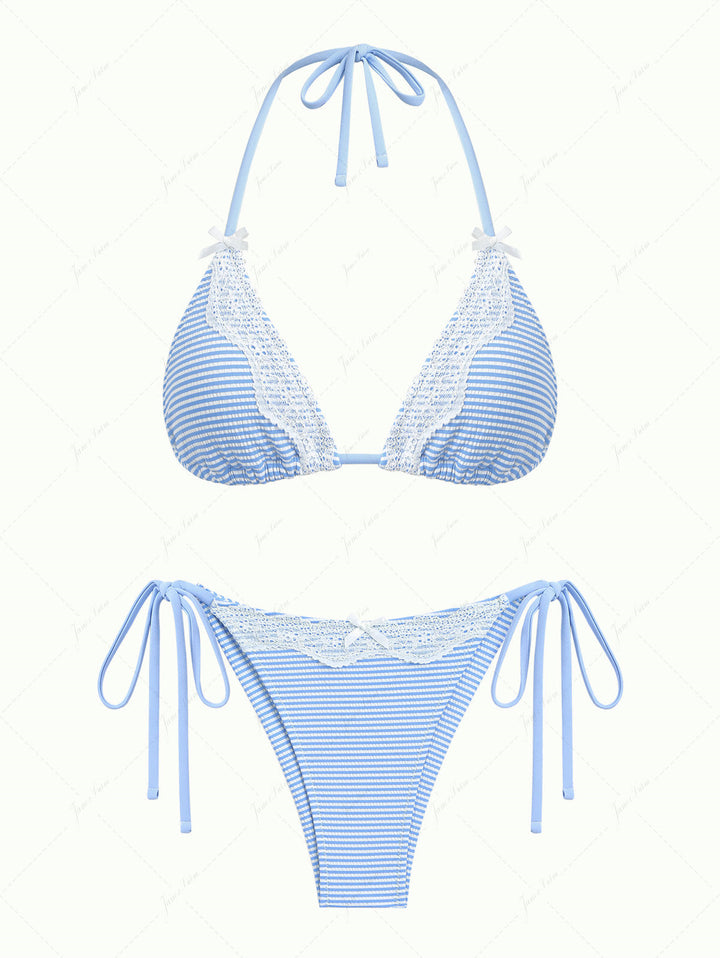 Light Blue Striped Lace Bowknot Halter Triangle Top & Cheeky Brazilian Bottom Bikini Set