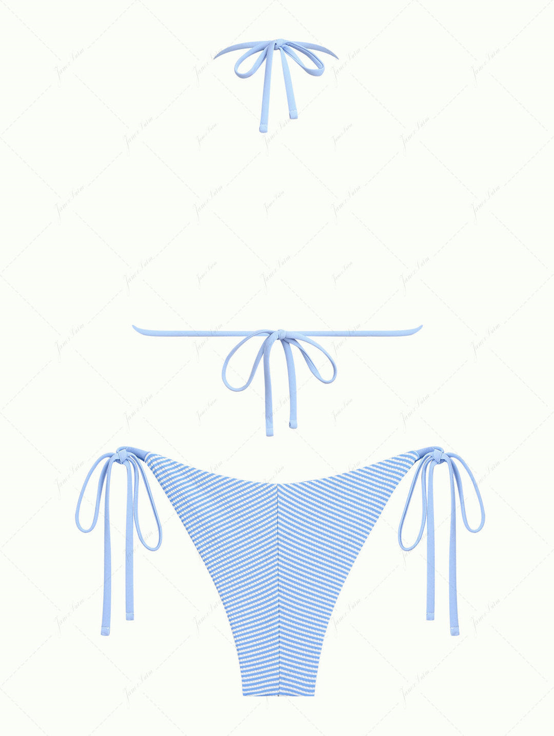 Light Blue Striped Lace Bowknot Halter Triangle Top & Cheeky Brazilian Bottom Bikini Set