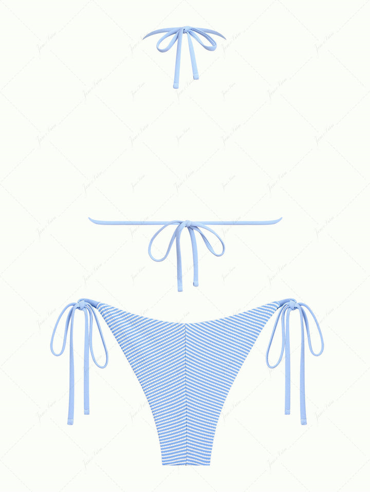 Light Blue Striped Lace Bowknot Halter Triangle Top & Cheeky Brazilian Bottom Bikini Set
