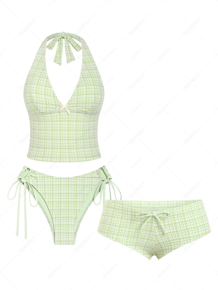 Seamolly 3 Piece Plaid Textured Bowknot Plunging Neck Cheeky Boyshort Tankini Set