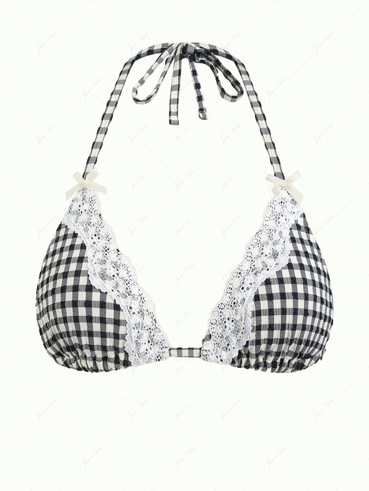 Black Plaid Lace Bowknot Halter Triangle Bikini Top