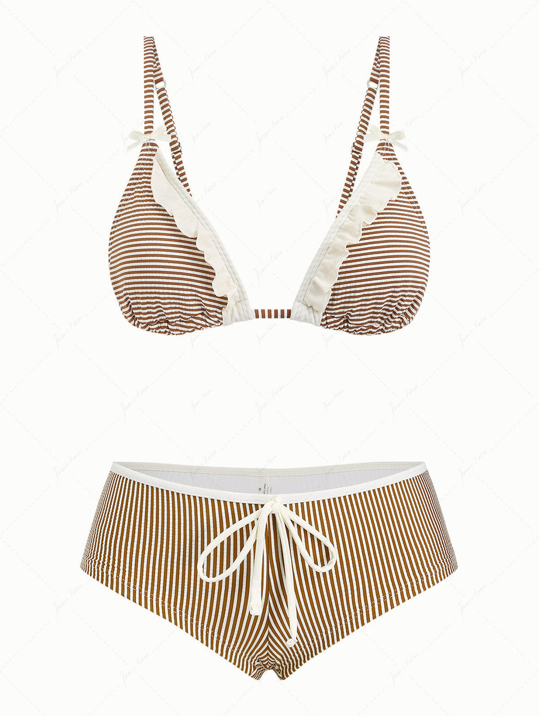 Coffee Striped Frilled Ruffles Bowknot Triangle Cheeky Boyshorts Bikini Set