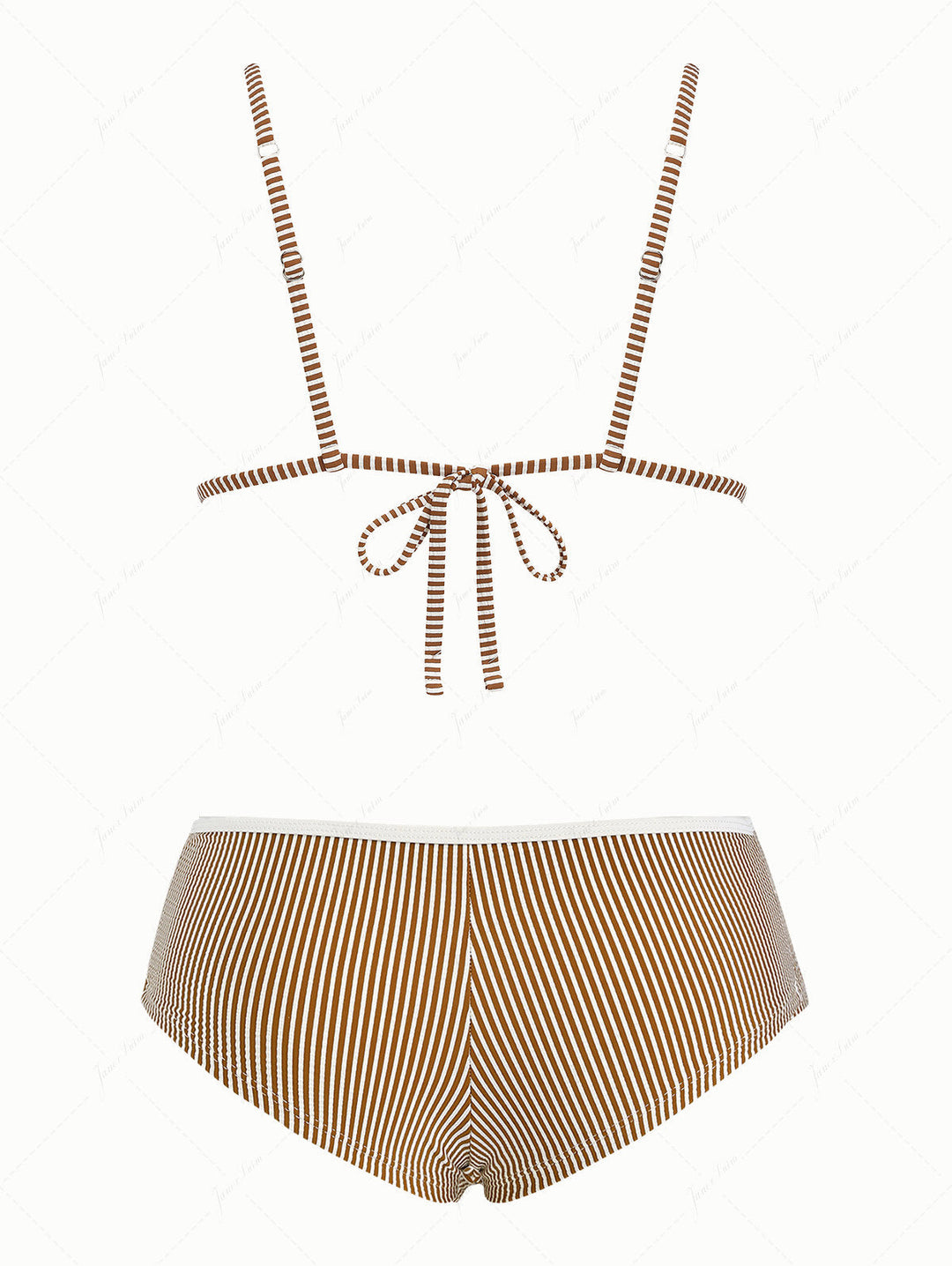 Coffee Striped Frilled Ruffles Bowknot Triangle Cheeky Boyshorts Bikini Set