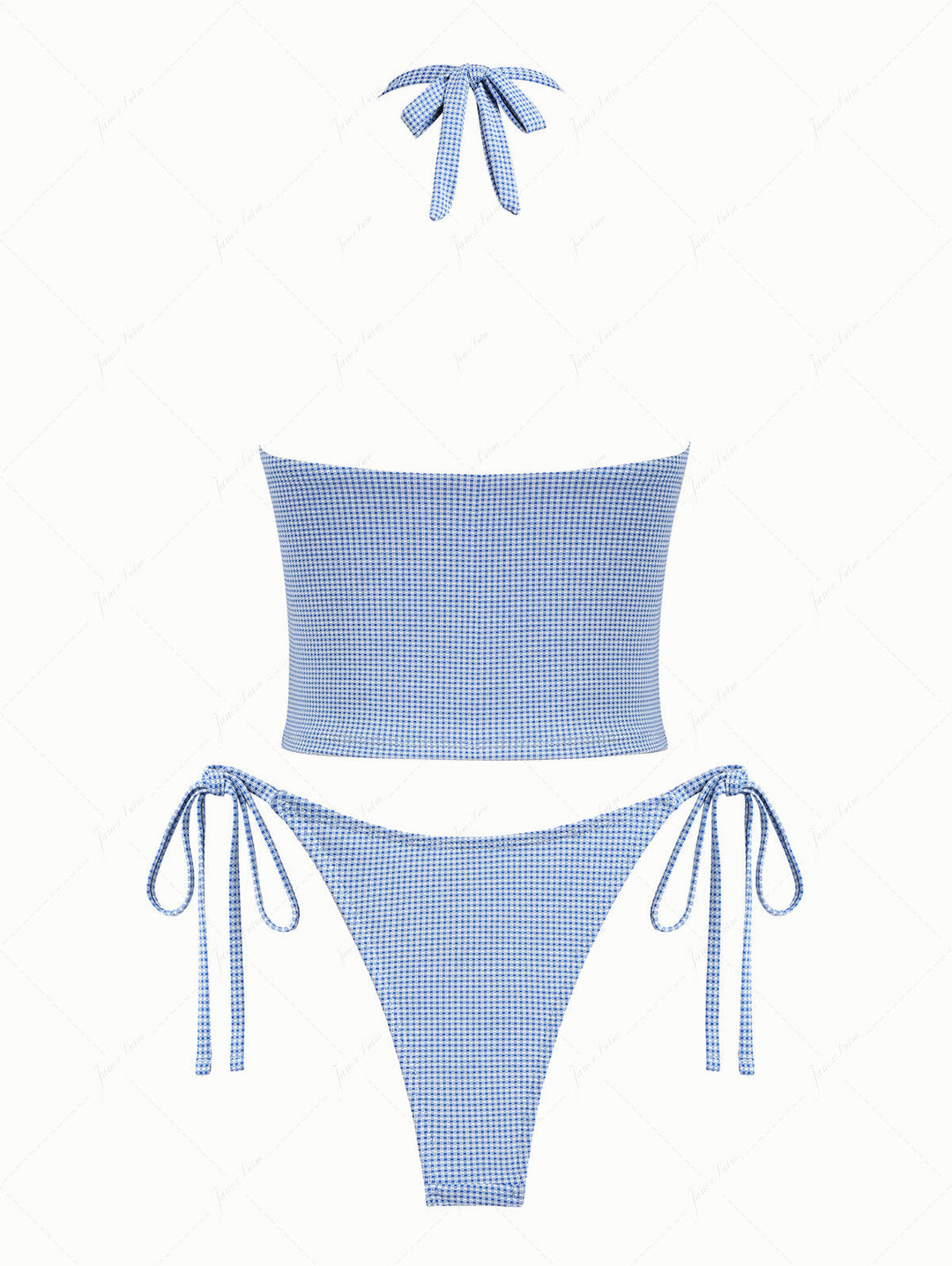 Blue Knitted Plaid Contrast Lace Plunging Neck Halter Tied Tankini Set